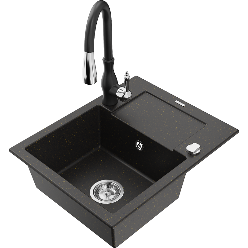 Mexen Enzo granitdiskbänk med en skål, avrinningsbräda och köksblandare Savita, svart/guld metallik - 6506-75-672601-70