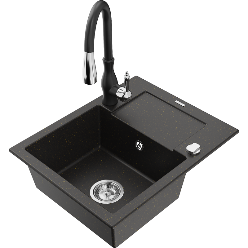 Mexen Enzo lavello in granito a 1 vasca con scivolo e rubinetto da cucina Savita, nero/oro metallizzato - 6506-75-672601-70