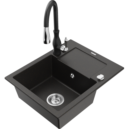 Mexen Enzo fregadero de granito de 1 cubeta con escurridor y grifo de cocina Savita, negro/dorado metálico - 6506-75-672601-70