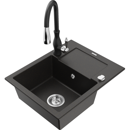 Mexen Enzo lavello in granito a 1 vasca con scivolo e rubinetto da cucina Savita, nero/oro metallizzato - 6506-75-672601-70