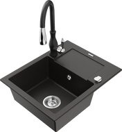 Mexen Enzo granite single-bowl kitchen sink with drainer and Savita faucet, black/gold metallic - 6506-75-672601-70