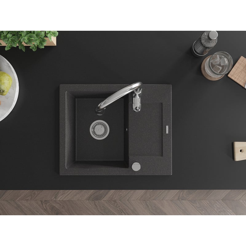 Mexen Enzo fregadero de granito 1-cubeta con escurridor y grifo de cocina Savita, negro moteado - 6506-76-672601-00