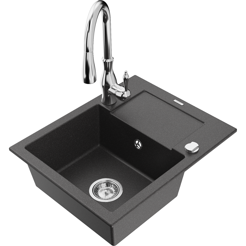 Mexen Enzo lava-louça de granito de 1 cuba com escorredor e torneira de cozinha Savita, preto salpicado - 6506-76-672601-00