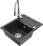 Mexen Enzo 1-bowl granite sink with drainer and kitchen faucet Savita, black speckled - 6506-76-672601-00