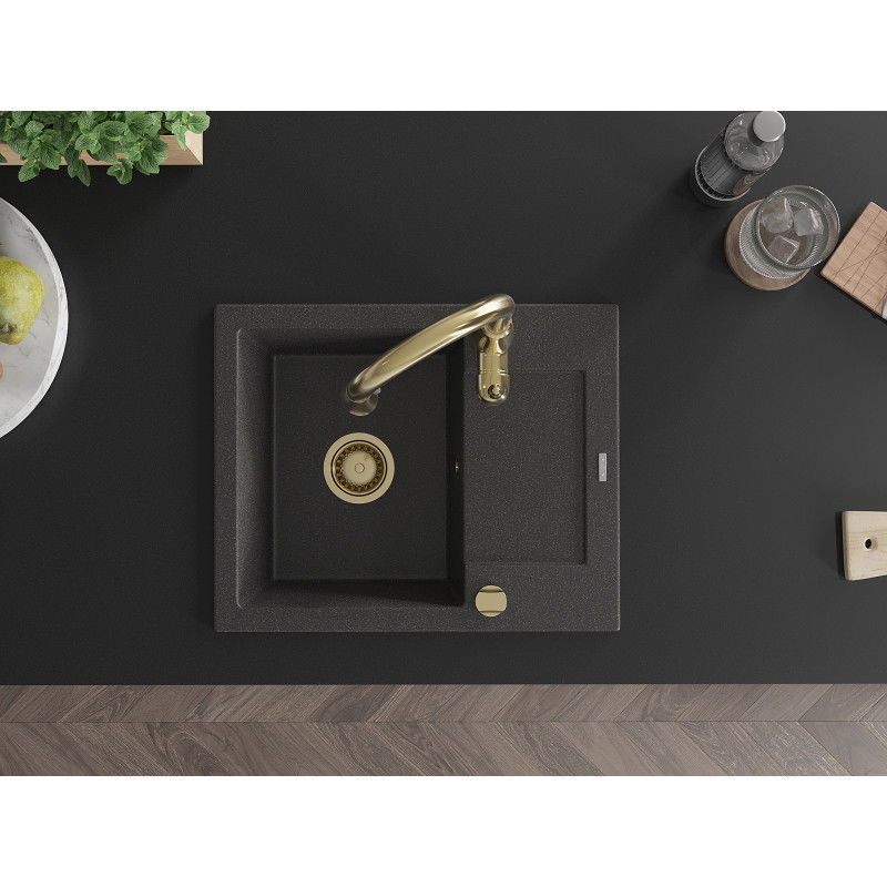 Mexen Enzo 1-Bowl Granitspüle mit Abtropffläche und Küchenarmatur Savita, schwarz gesprenkelt - 6506-76-672601-50
