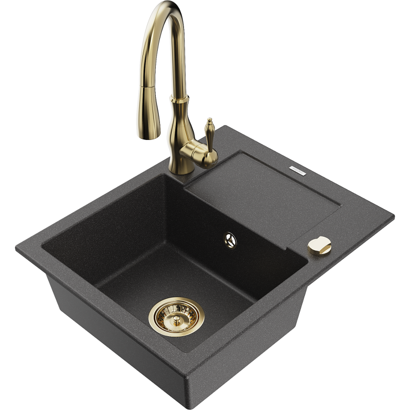 Mexen Enzo fregadero de granito de 1 cubeta con escurridor y grifo de cocina Savita, negro salpicado - 6506-76-672601-50