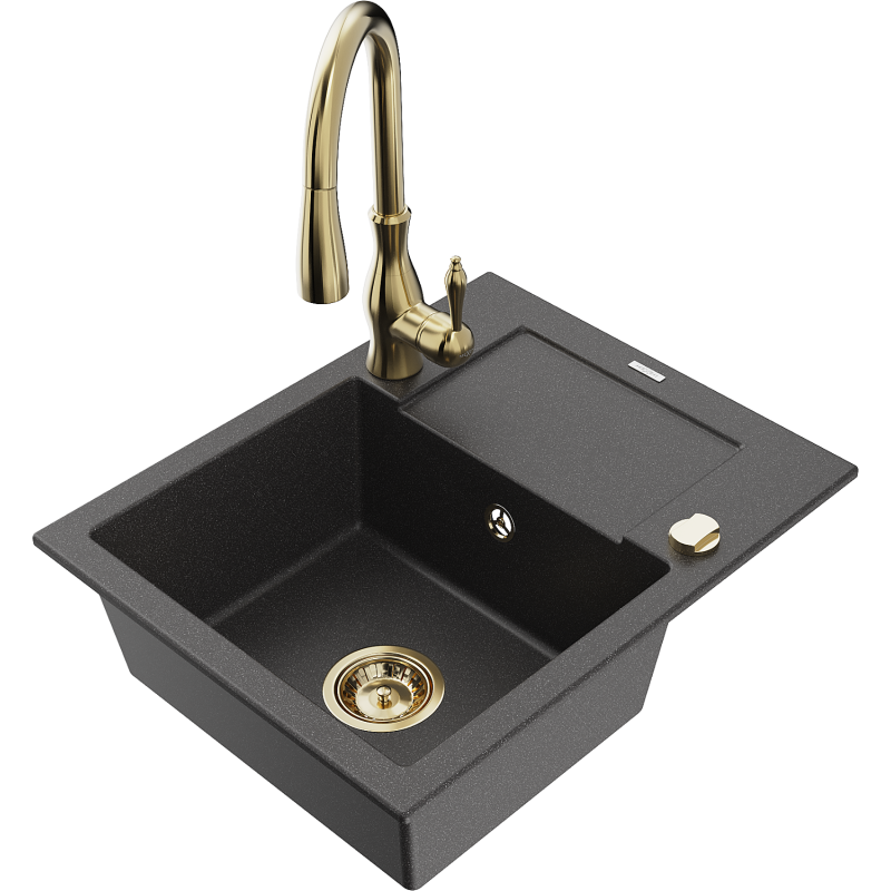 Mexen Enzo granitno pomivalno korito z 1 komoro, odcejalnikom in kuhinjsko pipo Savita, črno s pikami - 6506-76-672601-50