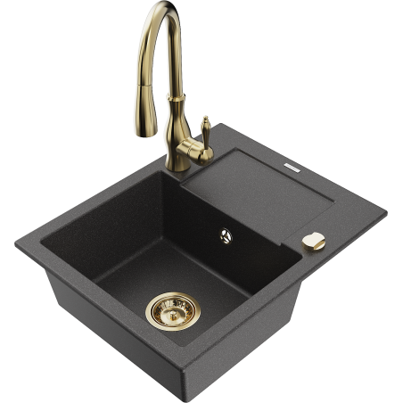 Mexen Enzo 1-Bowl Granitspüle mit Abtropffläche und Küchenarmatur Savita, schwarz gesprenkelt - 6506-76-672601-50