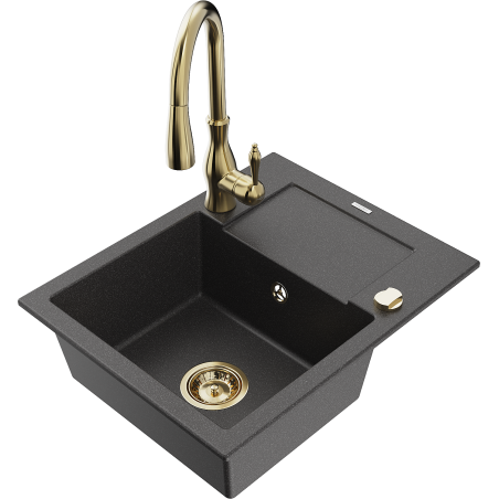 Mexen Enzo fregadero de granito de 1 cubeta con escurridor y grifo de cocina Savita, negro salpicado - 6506-76-672601-50
