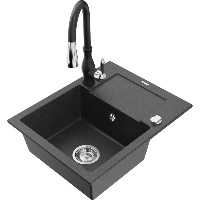 Mexen Enzo fregadero de granito de 1 compartimento con escurridor y grifo de cocina Savita, negro moteado - 6506-76-672601-70