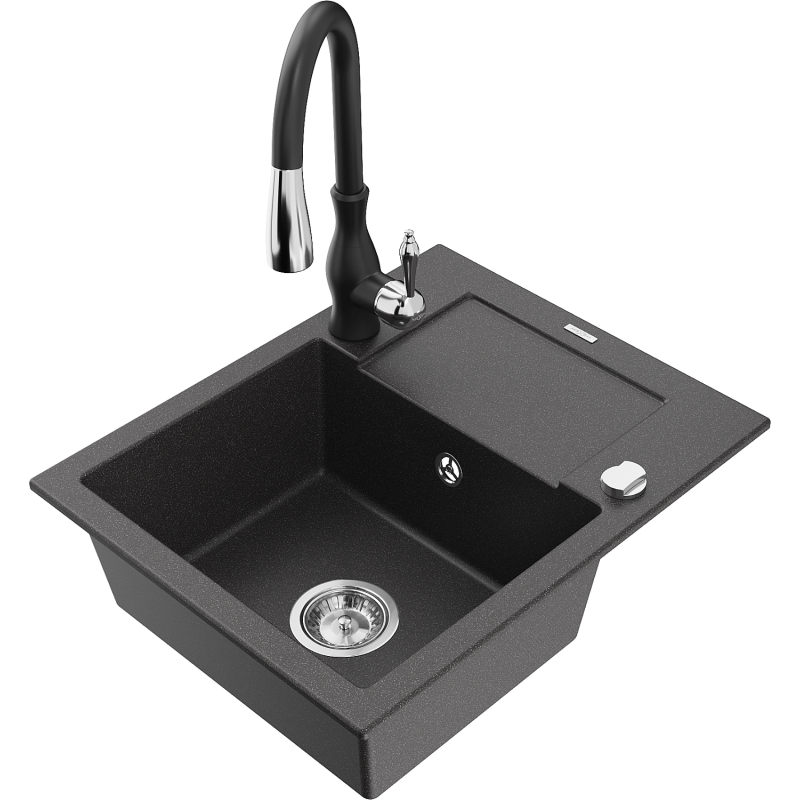 Mexen Enzo granite sink 1-bowl with drainer and Savita kitchen tap, speckled black - 6506-76-672601-70