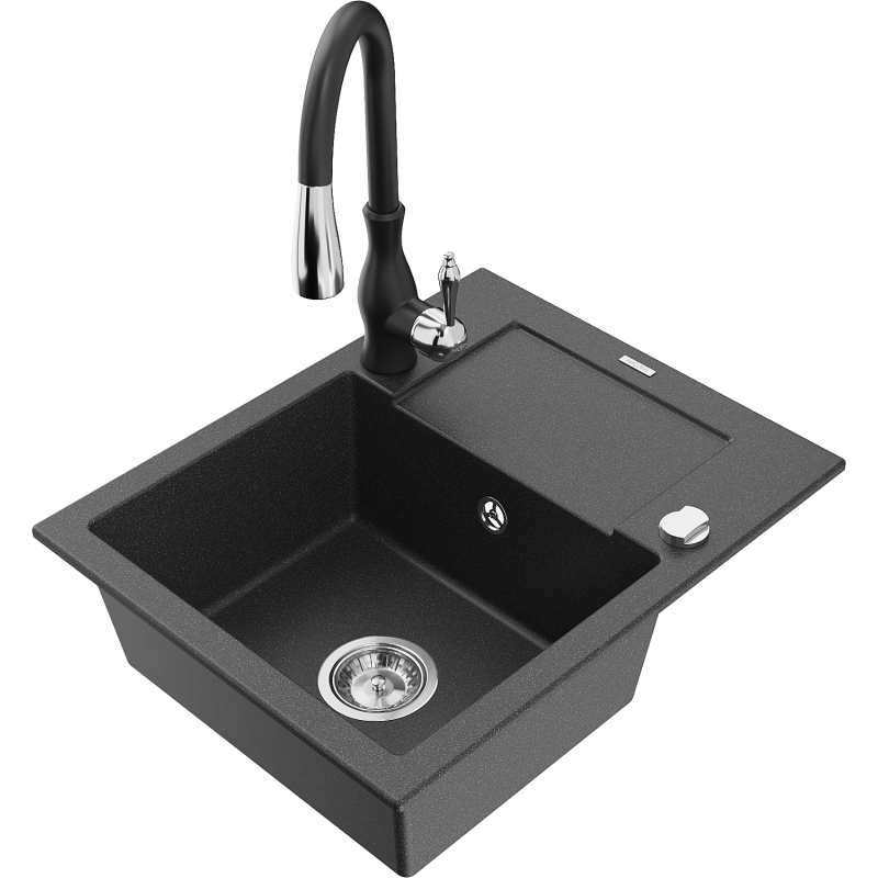 Mexen Enzo lava-louça de granito com 1 cuba, escorredor e torneira de cozinha Savita, preto salpicado - 6506-76-672601-70