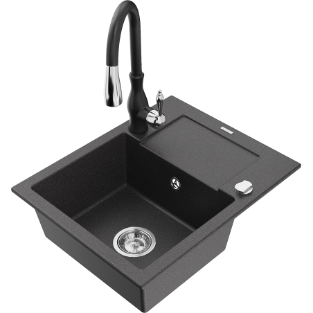 Mexen Enzo fregadero de granito de 1 compartimento con escurridor y grifo de cocina Savita, negro moteado - 6506-76-672601-70