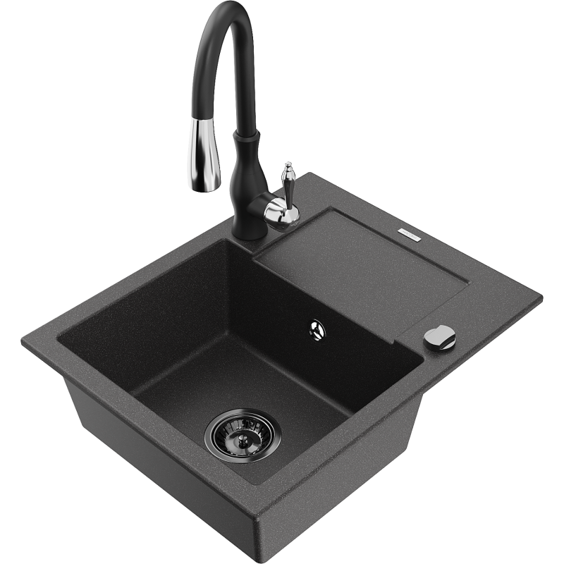 Mexen Enzo fregadero de granito de 1 seno con escurridor y grifo de cocina Savita, negro moteado - 6506-76-672601-70-B