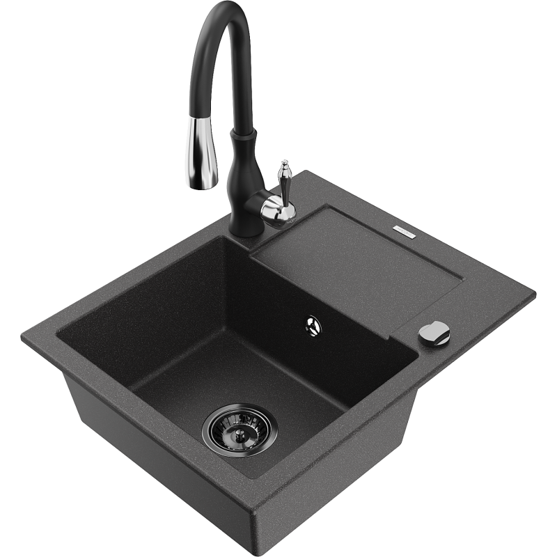 Mexen Enzo granite sink 1-bowl with drainer and Savita kitchen tap, black speckled - 6506-76-672601-70-B