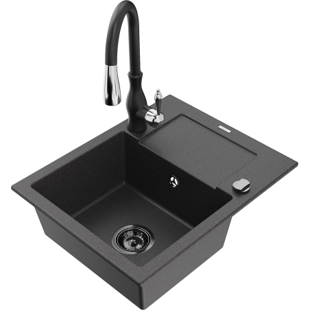 Mexen Enzo fregadero de granito de 1 seno con escurridor y grifo de cocina Savita, negro moteado - 6506-76-672601-70-B