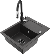 Mexen Enzo granite kitchen sink 1-bowl with draining board and Savita kitchen faucet, black speckled - 6506-76-672601-70-B