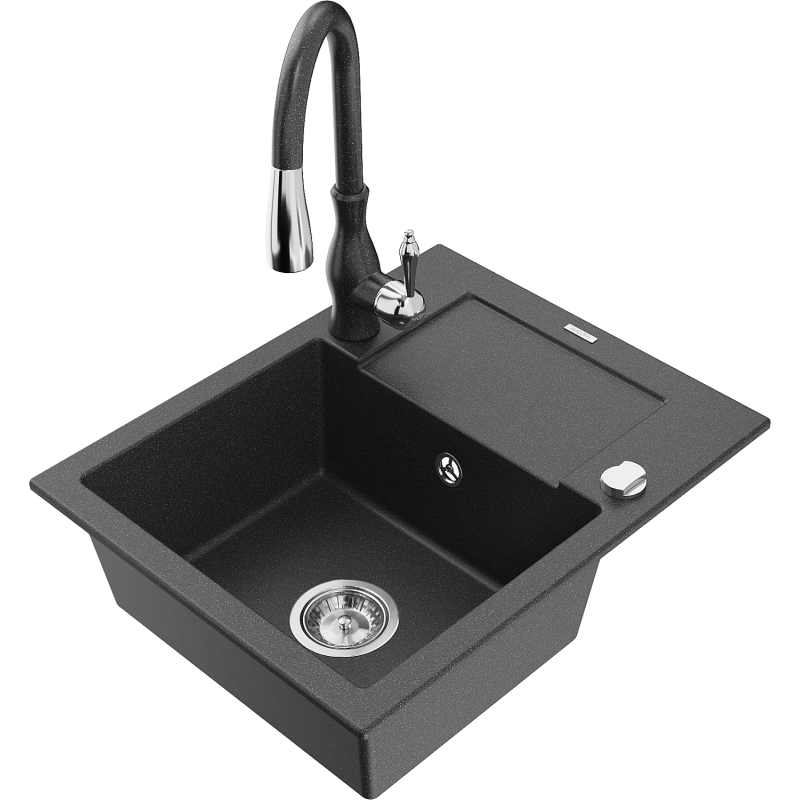 Mexen Enzo fregadero de granito de 1 tazón con escurridor y grifo de cocina Savita, negro moteado - 6506-76-672601-76