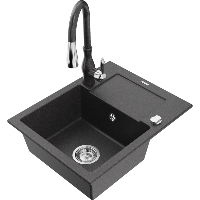 Mexen Enzo granitdiskho med en kammare med avrinningsyta och köksblandare Savita, svart stänkt - 6506-76-672601-76