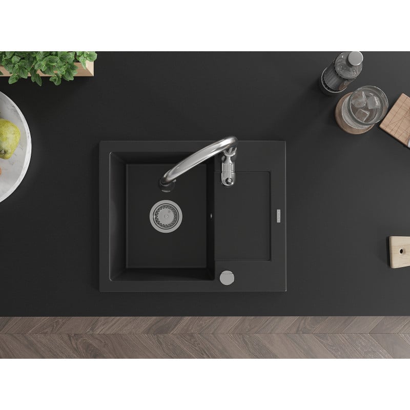 Mexen Enzo fregadero de granito de 1 cubeta con escurridor y grifo de cocina Savita, negro - 6506-77-672601-00