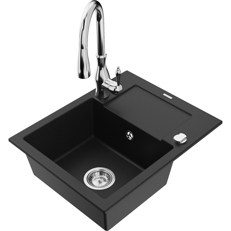 Mexen Enzo fregadero de granito de 1 cubeta con escurridor y grifo de cocina Savita, negro - 6506-77-672601-00