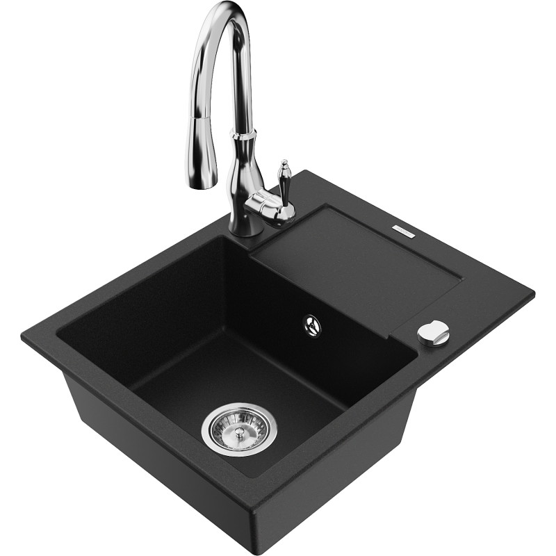 Mexen Enzo fregadero de granito de 1 seno con escurridor y grifo de cocina Savita, negro - 6506-77-672601-00