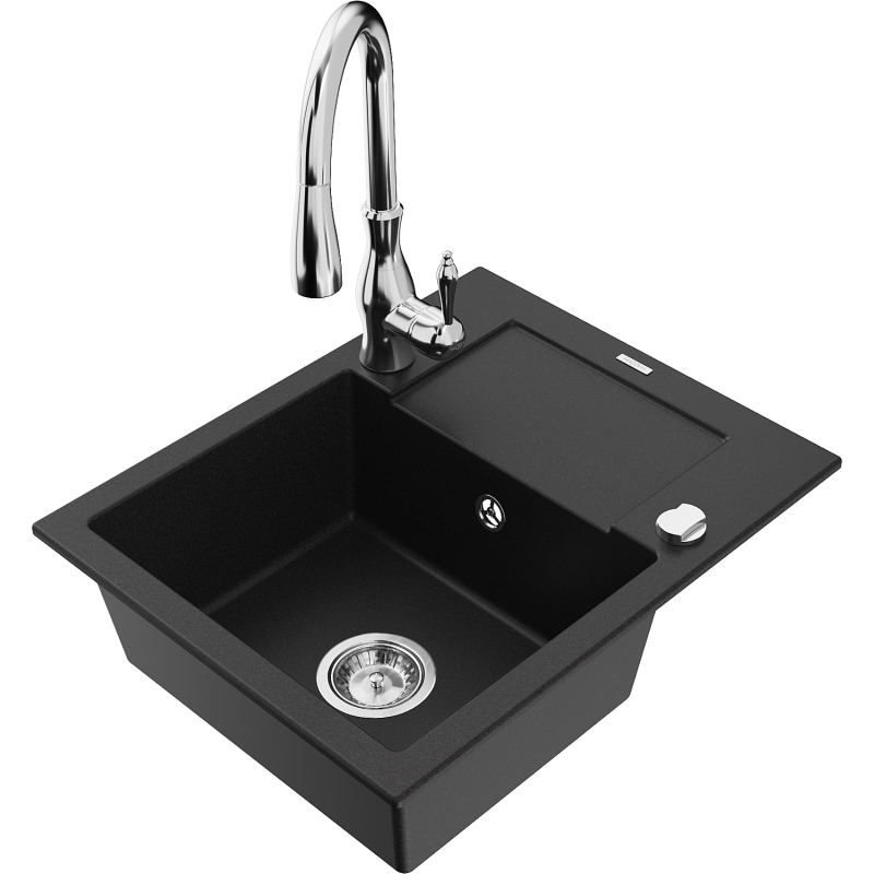 Mexen Enzo granite sink 1-bowl with drainer and Savita kitchen tap, black - 6506-77-672601-00