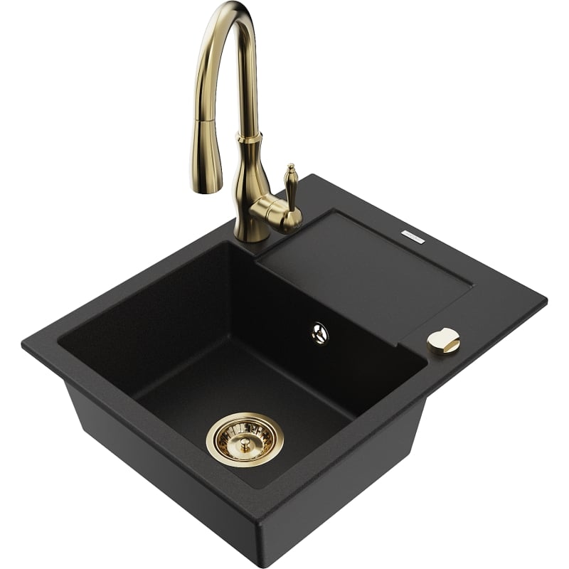 Mexen Enzo fregadero de granito de 1 compartimento con escurridor y grifo de cocina Savita, negro - 6506-77-672601-50