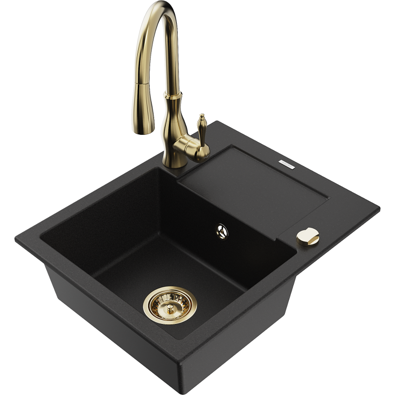 Mexen Enzo granite sink 1-bowl with drainer and Savita kitchen tap, black - 6506-77-672601-50
