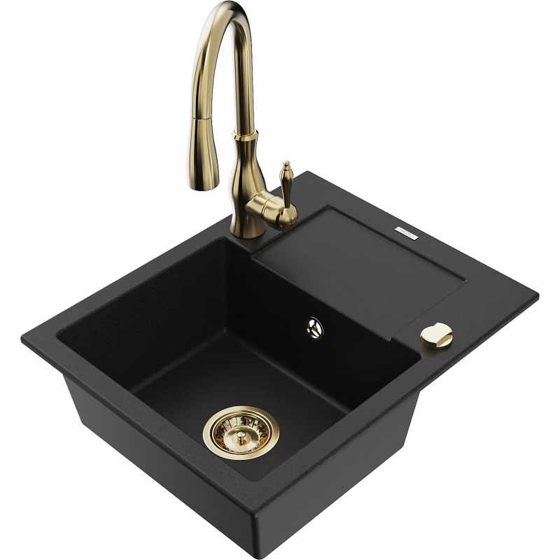 Mexen Enzo lava-louça de granito de 1 cuba com escorredor e torneira de cozinha Savita, preto - 6506-77-672601-50