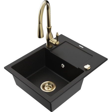 Mexen Enzo fregadero de granito de 1 compartimento con escurridor y grifo de cocina Savita, negro - 6506-77-672601-50