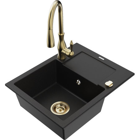 Mexen Enzo granite sink 1-bowl with drainer and Savita kitchen tap, black - 6506-77-672601-50