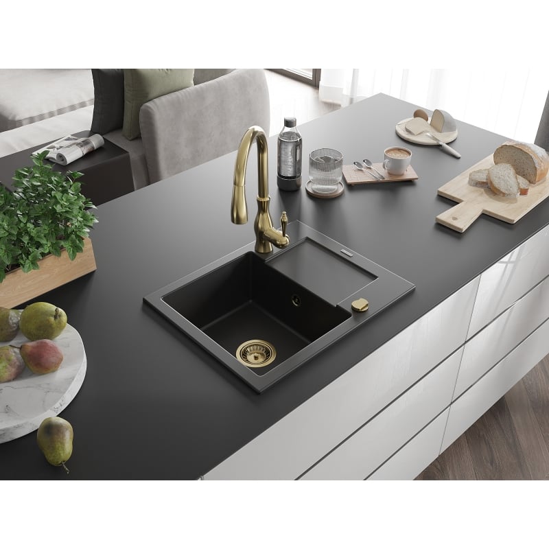 Mexen Enzo fregadero de granito de 1 compartimento con escurridor y grifo de cocina Savita, negro - 6506-77-672601-50