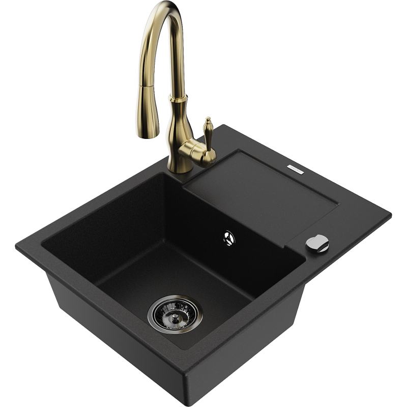 Mexen Enzo fregadero de granito de 1 cubeta con escurridor y grifo de cocina Savita, negro - 6506-77-672601-50-B