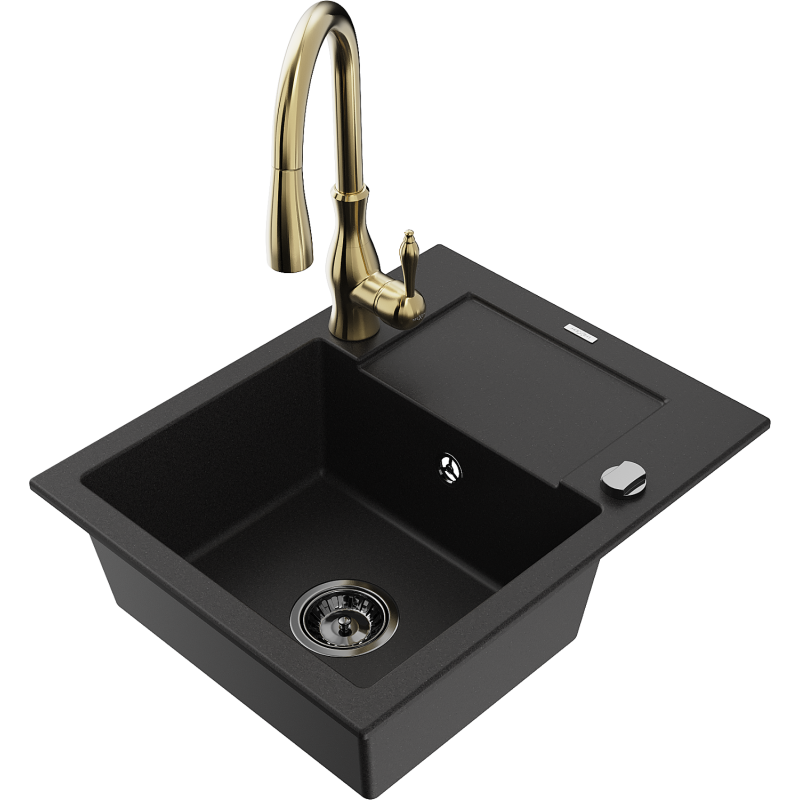 Mexen Enzo lava-loiça de granito de 1 cuba com escorredor e torneira de cozinha Savita, preto - 6506-77-672601-50-B