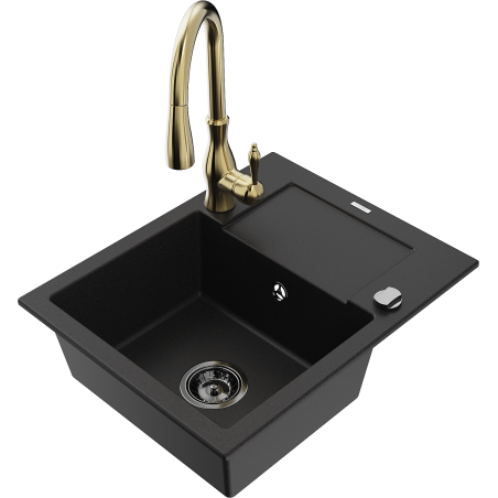 Mexen Enzo fregadero de granito de 1 cubeta con escurridor y grifo de cocina Savita, negro - 6506-77-672601-50-B