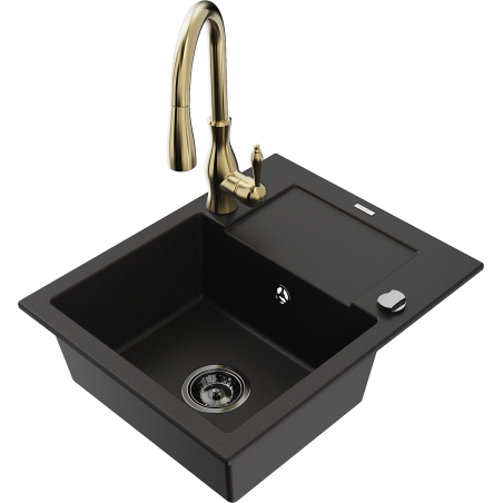 Mexen Enzo granitais izlietne ar 1 nodalījumu, noteces plaukts un virtuves jaucējkrāns Savita, melna - 6506-77-672601-50-B