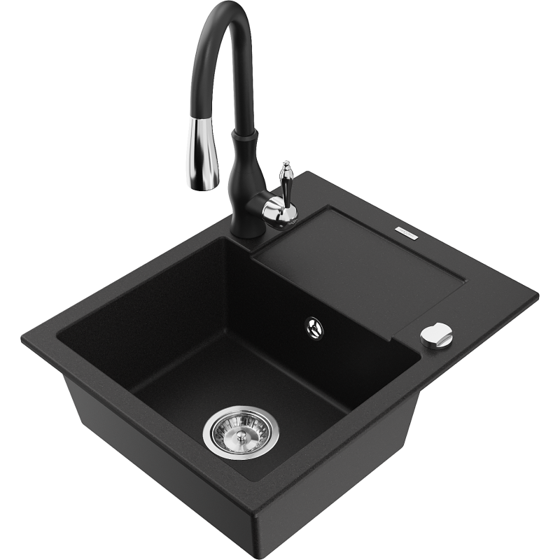 Mexen Enzo fregadero de granito de 1 cuenco con escurridor y grifo de cocina Savita, negro - 6506-77-672601-70