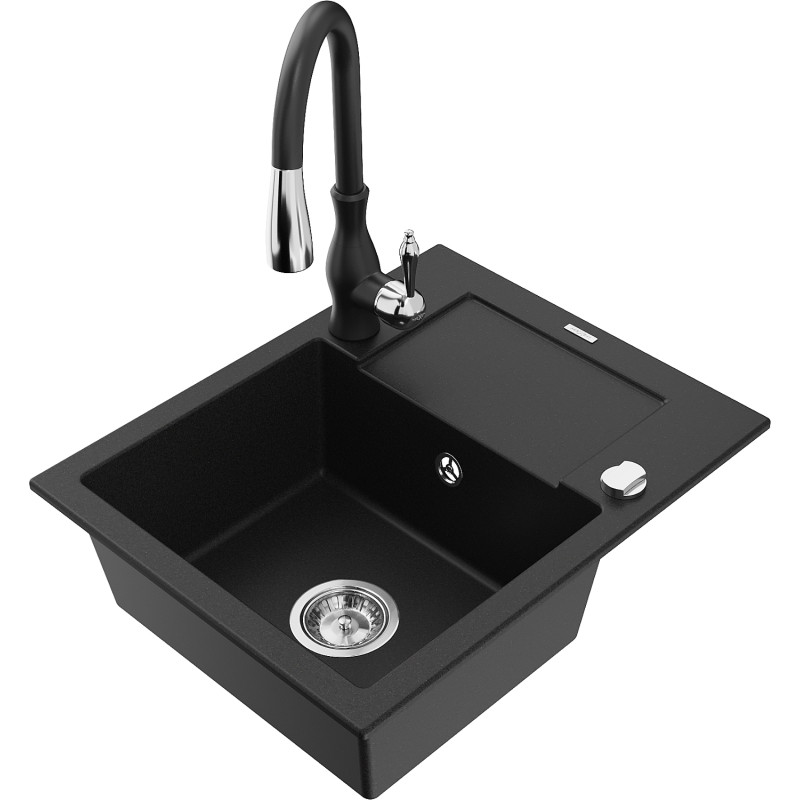 Mexen Enzo fregadero de granito de 1 seno con escurridor y grifo de cocina Savita, negro - 6506-77-672601-70