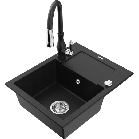 Mexen Enzo fregadero de granito de 1 cuenco con escurridor y grifo de cocina Savita, negro - 6506-77-672601-70