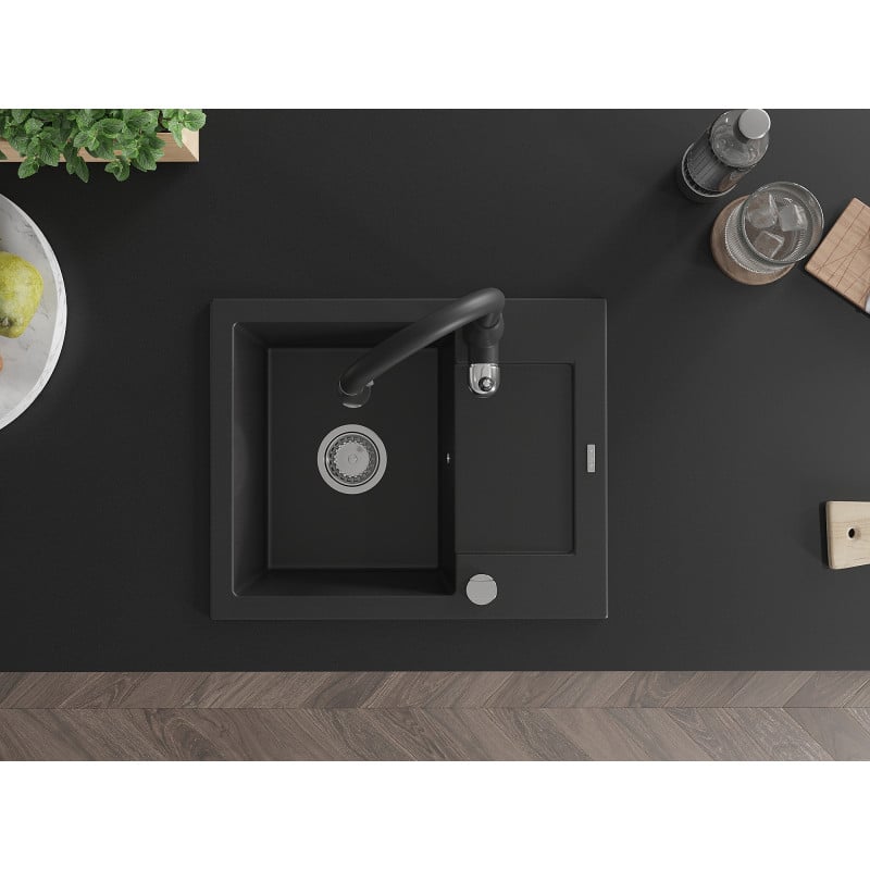 Mexen Enzo fregadero de granito de 1 cuenco con escurridor y grifo de cocina Savita, negro - 6506-77-672601-70