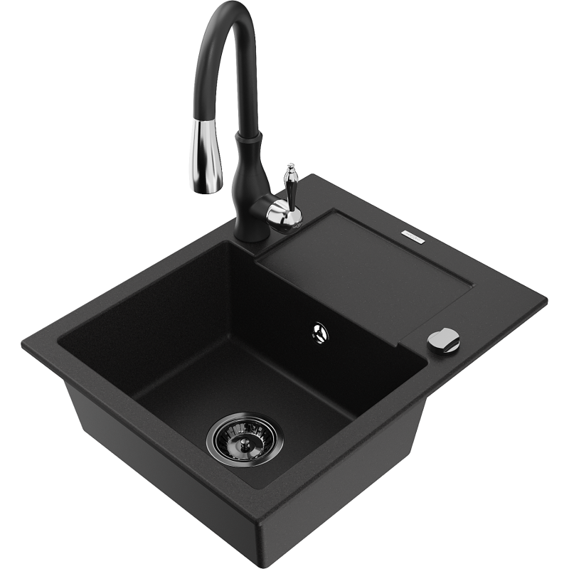 Mexen Enzo granit diskbänk 1-fack med avrinningsplatta och köksblandare Savita, svart - 6506-77-672601-70-B