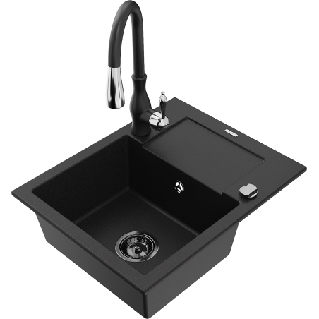 Mexen Enzo granite sink 1-bowl with drainer and Savita kitchen tap, black - 6506-77-672601-70-B
