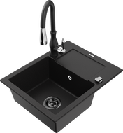 Mexen Enzo granite sink 1-bowl with drainer and Savita kitchen tap, black - 6506-77-672601-70-B