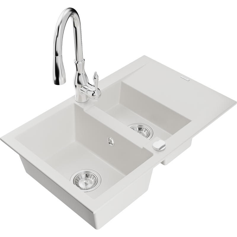 Mexen Gaspar fregadero de granito de 1,5 senos con escurridor y grifo de cocina Savita, blanco - 6507-20-672601-00