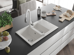 Mexen Gaspar granite sink 1.5-bowl with drainer and Savita kitchen tap, white - 6507-20-672601-20