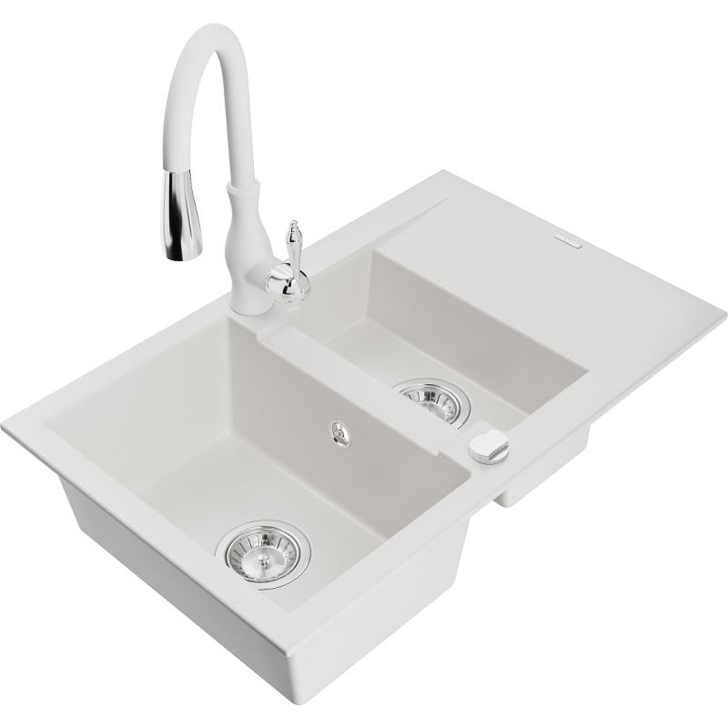 Mexen Gaspar lava-louça de granito com 1,5 bacias e escorredor e torneira de cozinha Savita, branco - 6507-20-672601-20