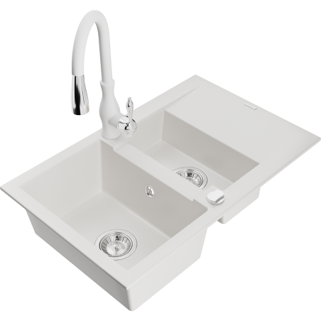 Mexen Gaspar lavello in granito 1,5 camere con scolapiatti e rubinetto da cucina Savita, bianco - 6507-20-672601-20