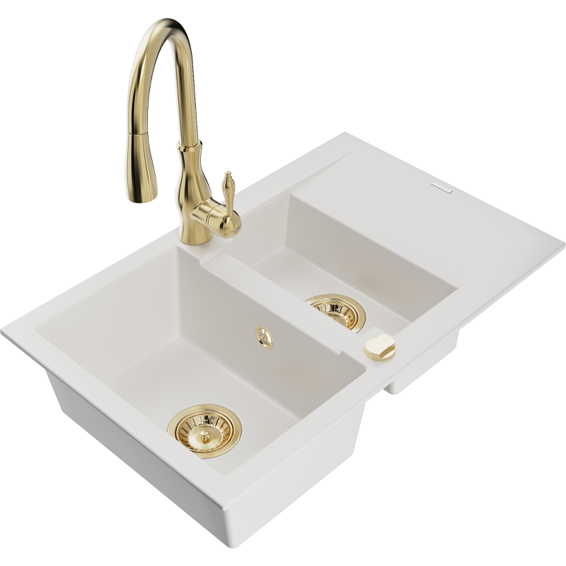 Mexen Gaspar fregadero de granito de 1,5 senos con escurridor y grifo de cocina Savita, blanco - 6507-20-672601-50