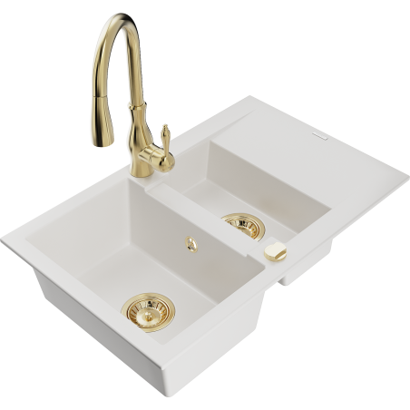 Mexen Gaspar granite sink 1.5-bowl with drainer and Savita kitchen tap, white - 6507-20-672601-50